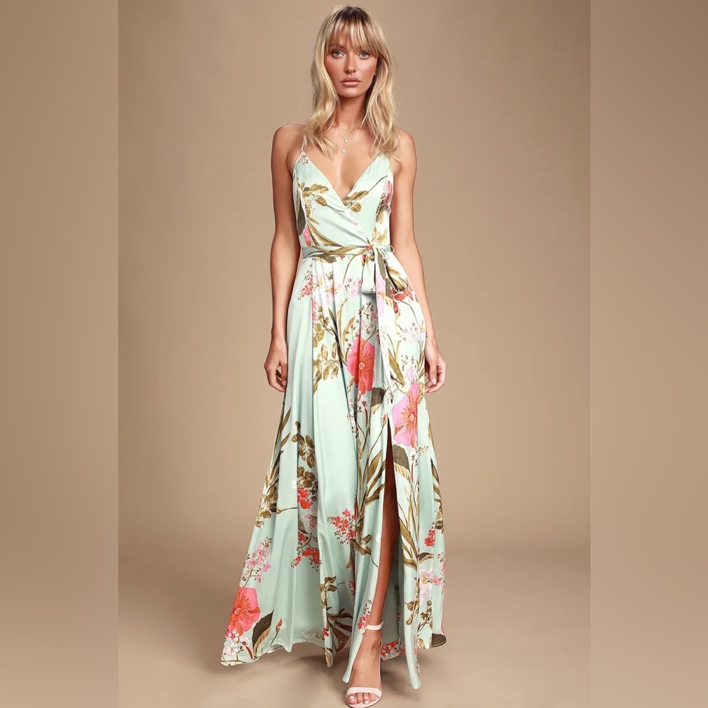 Lulu’s Silky Floral Maxi Dress Blue Green
